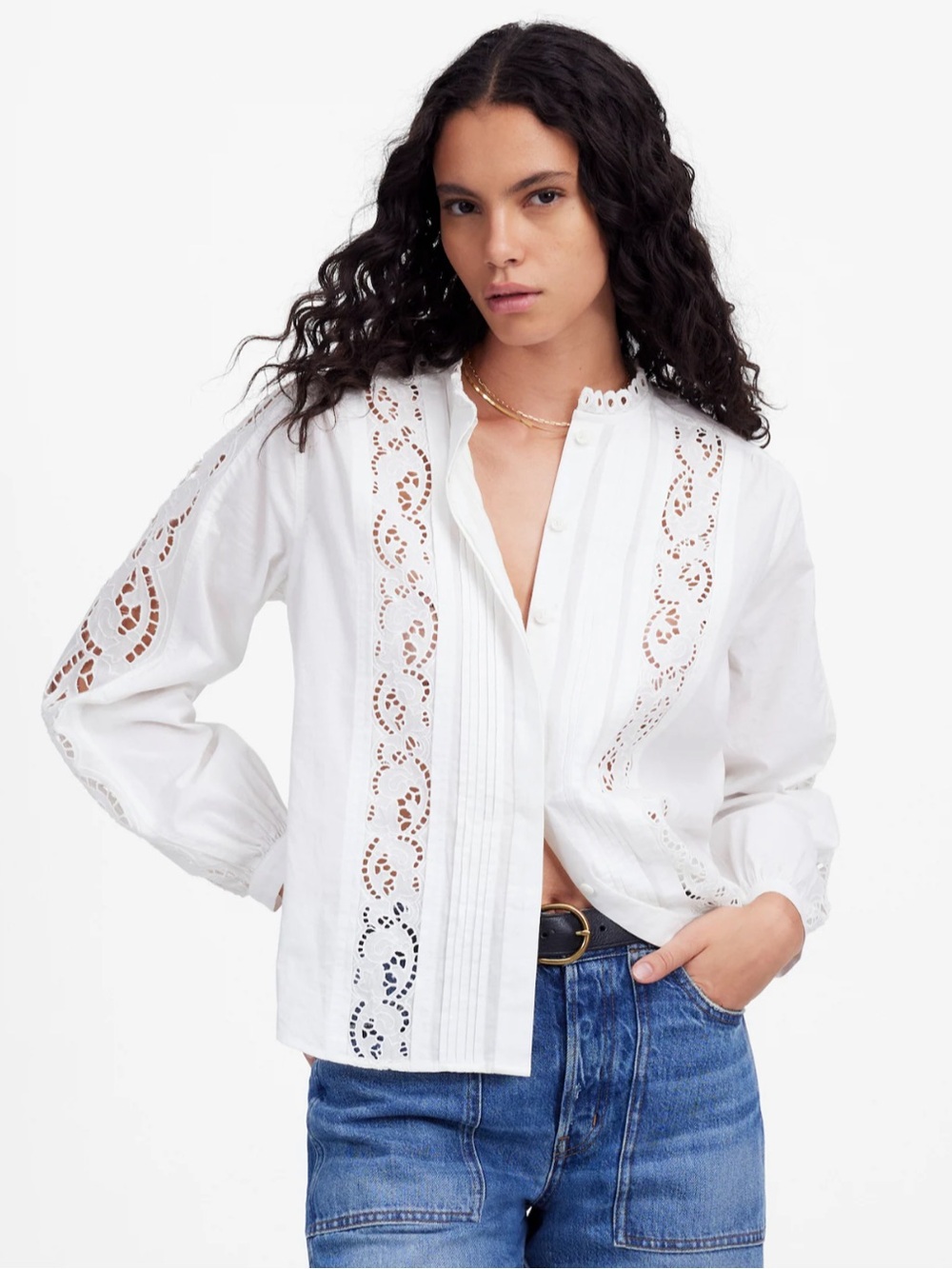 Madewell Lace-Inset Pintucked Button-Up Top